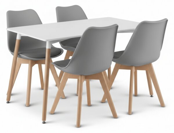 Jedilni set 1 + 4, bela miza ADRIA 120x80 cm + svetlo sivi stol BALI MARK z bukovimi nogami