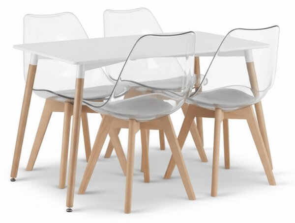 Jedilni set 1 + 4, bela miza ADRIA 120x80 cm + prozorni stoli BALI MARK z bukovimi nogami