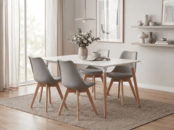 Jedilni set 1 + 4, bela miza ADRIA 120x80 cm + svetlo sivi stol BALI MARK z bukovimi nogami