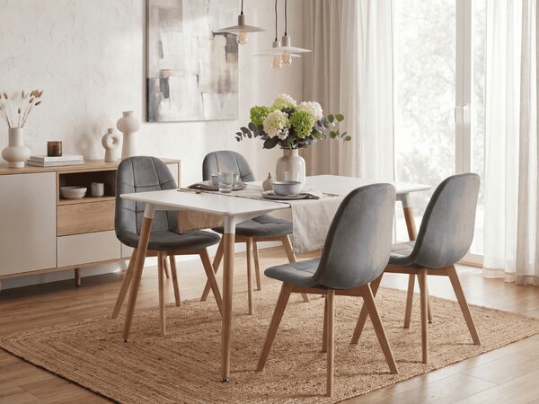 Jedilni set 1 + 4, bela miza ADRIA 120x80 cm + temno sivi žametni stol BORA