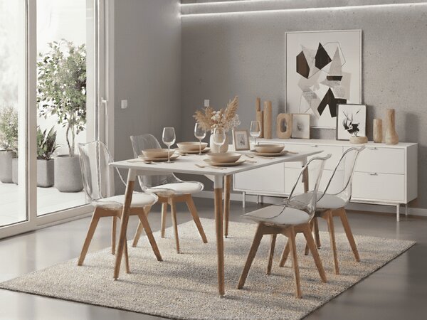 Jedilni set 1 + 4, bela miza ADRIA 120x80 cm + prozorni stoli BALI MARK z bukovimi nogami