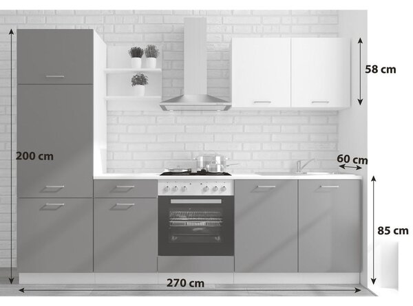 P & B Kuhinjski Blok Brez Aparatov Promo, Bela, Grafit, 270cm