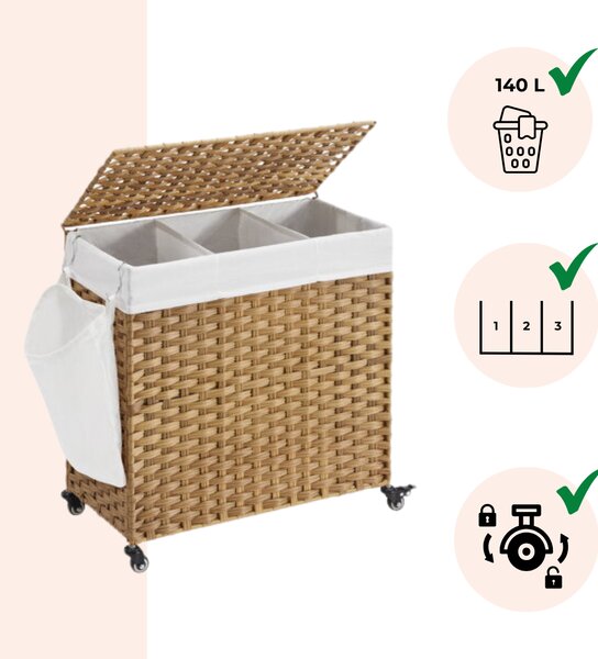 Košara za perilo na kolesih iz umetnega ratana AVA, 140l, naravno rjava SongmicsHome