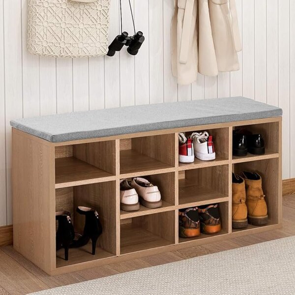 Omarica za čevlje s tapecirano klopjo GABI, 10 predalov, 104x30x48cm, siva/svetlo rjava Jurhan