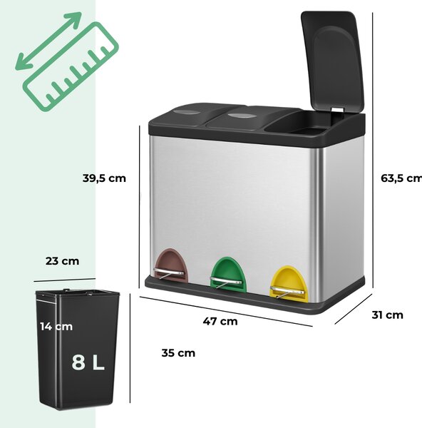 Koš za ločevanje odpadkov SORT 24l (3x8l), srebrna Jurhan