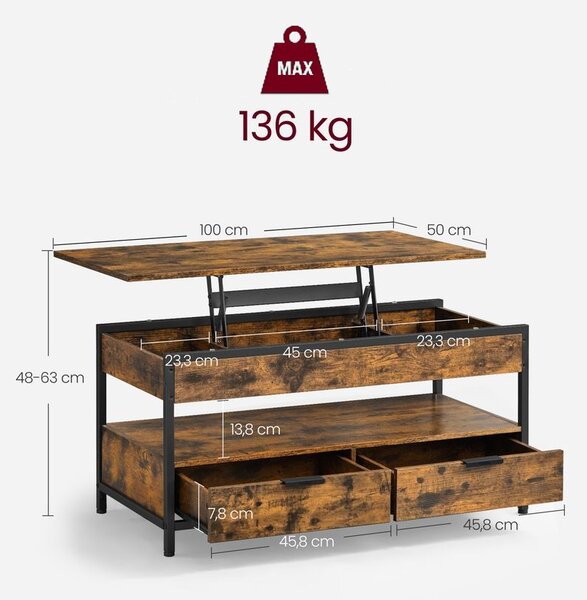 Po višini nastavljiva klubska mizica GASPAR, 50x100x(48–63)cm, rjava/črna Vasagle
