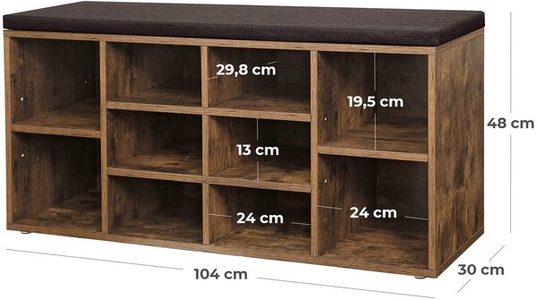 Omarica za čevlje s tapecirano klopjo GABI, 10 predalov, 104x30x48cm, temno rjava/črna