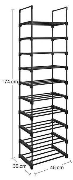 Zložljiv regal za čevlje TUBE, 10 polic, 45x30x174cm, črn SongmicsHome