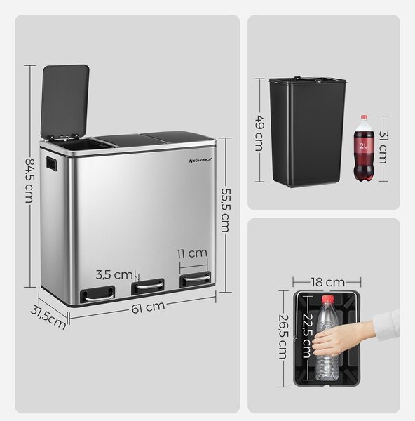 Koš za ločevanje odpadkov SORT 54l (3x18l), srebrna SongmicsHome