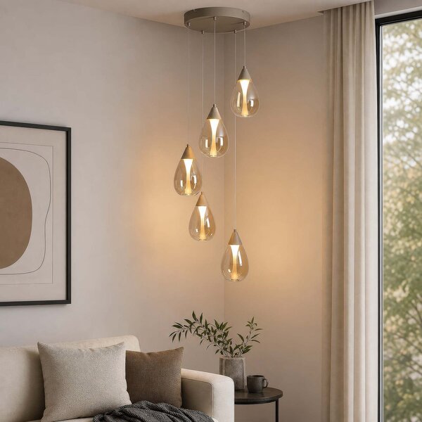 Searchlight LED-visoka svetilka Pear, 5-žarnica, okrogla, bež, jantarno steklo, 3.000 K, zatemnjen, Bež, Dnevna soba / jedilnica, Steklo, Sodobni