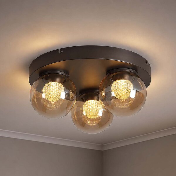 Searchlight LED-stropna svetilka Solis, 3-žarilna, okrogla, bronasta, steklo, 2.700 K, zatemnjen, Bronasta / starinska medenina, Dnevna soba / jedilnica, Steklo, Globus