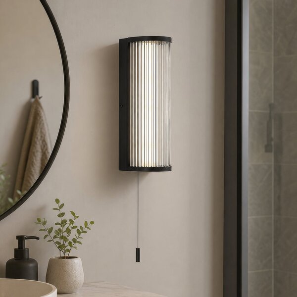 Searchlight LED-stenna svetilka Rue, črna, IP44, kovina, steklo, 3.000 K, zatemnjen, Črna, Kopalnica, Kovina