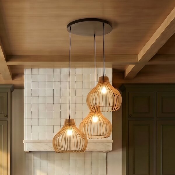 TEMAR LIGHTING Visoka svetilka Barrel z lesenimi senčniki, 3-fl. okrogla, zatemnjen, Les, Dnevna soba / jedilnica, Les, Podeželska hiša / Rustikalna