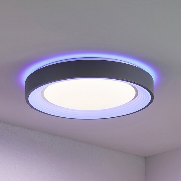 Lindby LED stropna svetilka Lindum, RGB, CCT, daljinski upravljalnik, možnost, zatemnjen, Črna, Dnevna soba / jedilnica, Kovina, Sodobni