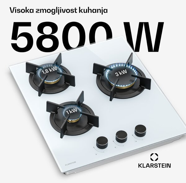 Klarstein Goldflame plinska kuhalna plošča | 3 gorilniki z električnim vžigom | zemeljski plin in LPG | 5800 W | 45 cm