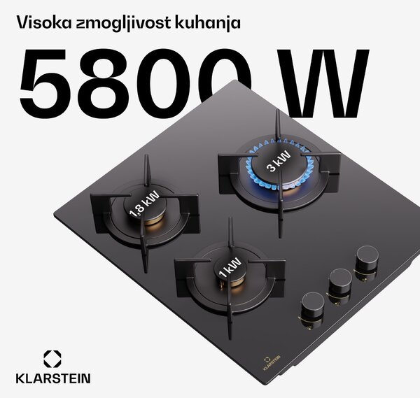 Klarstein Goldflame, plinska kuhalna plošča, 3 medeninasti gorilniki, nerjaveče jeklo