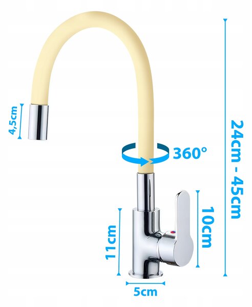 FLEX enoročna kuhinjska kromirana armatura z gibljivo cevjo bež 360°