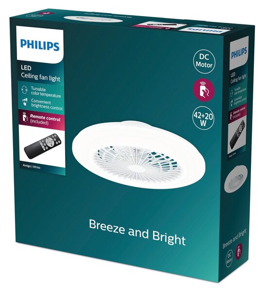 Philips LED stropni ventilator Amigo, bel sijajni, 49 cm, CCT, zatemnjen, Bela, Dnevna soba / jedilnica, Plastika, Sodobni