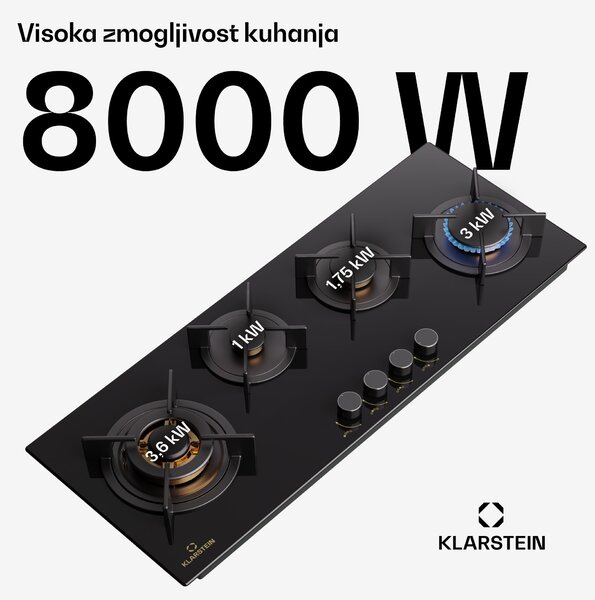 Klarstein Goldflame 4 Slim, plinska kuhalna plošča, 4 gorilniki, samostojna, zemeljski plin/propan, nerjaveče jeklo