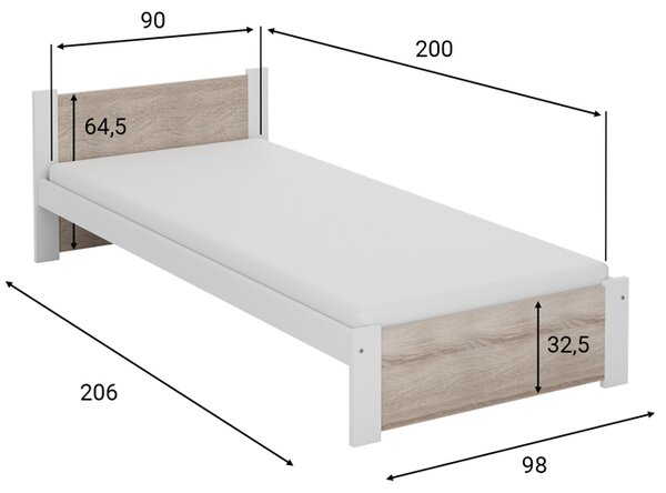 Postelja IKAROS 90 x 200 cm bela/hrast sonoma Posteljno dno: Brez posteljnega dna, Vzmetnica: Brez vzmetnice