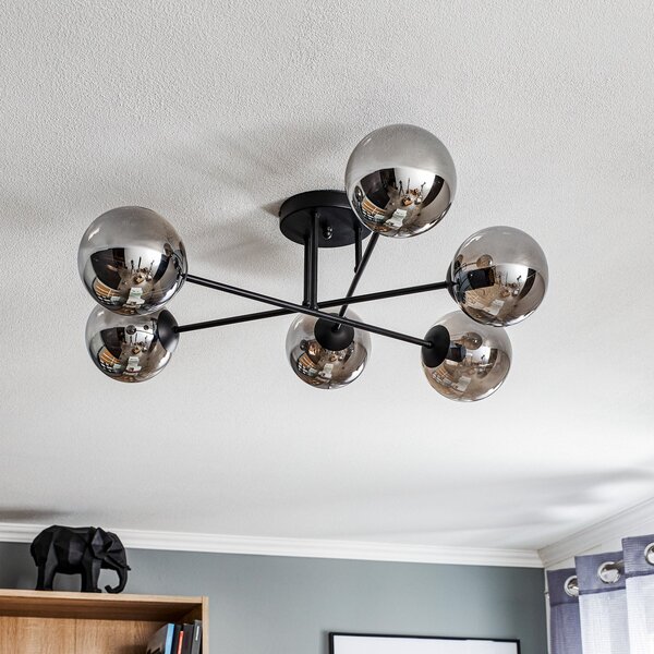 EMIBIG LIGHTING Steklena stropna svetilka, črna, grafitna, steklena, 6-svetlobna, E14, zatemnjen, Črna, Dnevna soba / jedilnica, Steklo, Sodobni