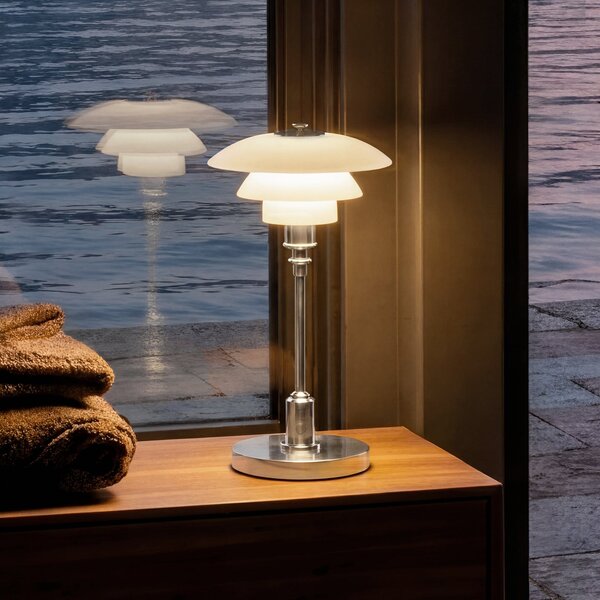 Louis Poulsen Akku-Tischlampe PH 1-1 Portable, krom, IP44, zatemnjen, Kovinska, Dnevna soba / jedilnica, Kovina, Dizajn