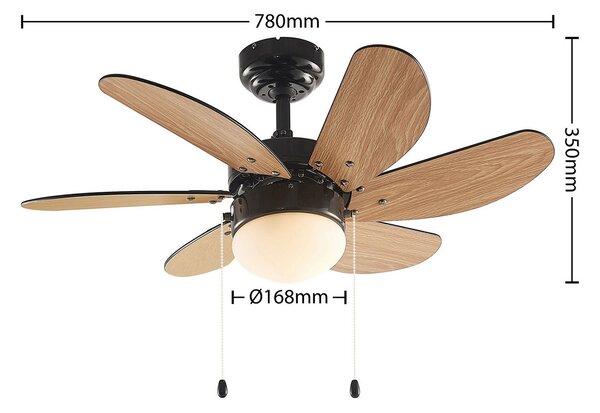 Lindby Stropni ventilator Minja, črn, tih, 78 cm, E14, Črna, Dnevna soba / jedilnica, Kovina, Sodobni