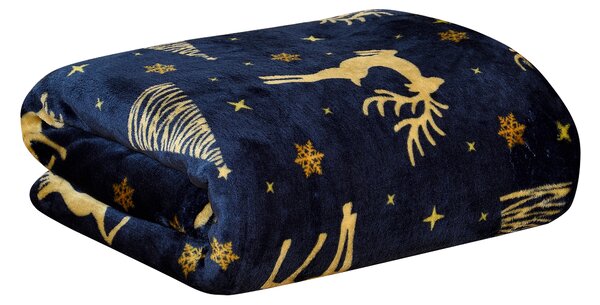 Temno modra božična mikroplišasta odeja GOLDEN DEER Dimenzije: 150 x 200 cm