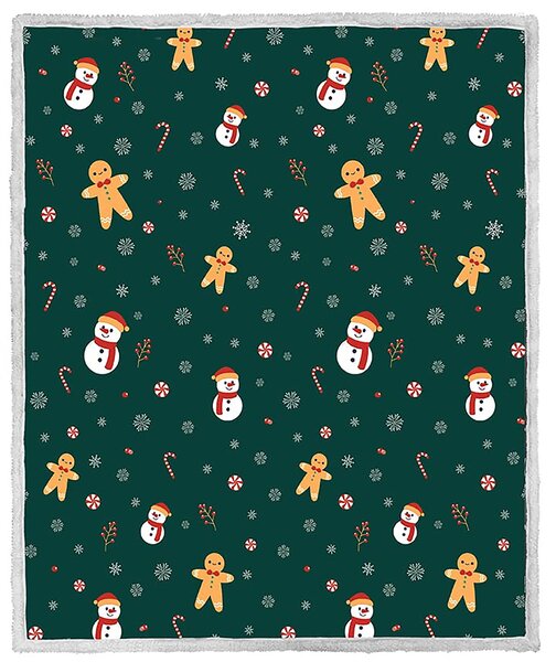 Božična temno zelena ovčka deka iz mikropliša SNOWMAN AND GINGERBREAD Dimenzije: 200 x 220 cm