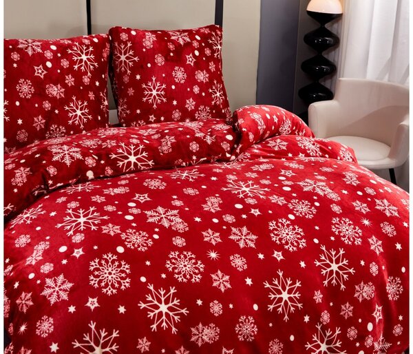 Set 2-delna posteljnina mikropliš SNOWFALL rdeča + rjuha mikropliš SOFT 180x200 cm bela, zakonska postelja