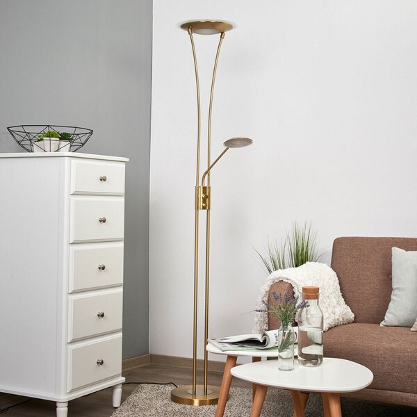 Lindby LED stropna svetilka Eda, višina 180 cm, medenina, z možnostjo zatemnitve, zatemnjen, Zlata / medeninasta, Dnevna soba / jedilnica, Kovina, Sodobni, Svetilka za branje