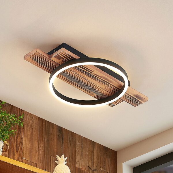 Lindby LED stropna svetilka Sentoa, les, dolžina 52,8 cm, 3.000 K, zatemnjen, Les, Dnevna soba / jedilnica, Les, Sodobni