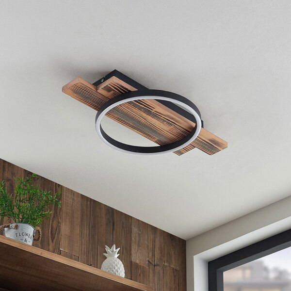 Lindby LED stropna svetilka Sentoa, les, dolžina 52,8 cm, 3.000 K, zatemnjen, Les, Dnevna soba / jedilnica, Les, Sodobni