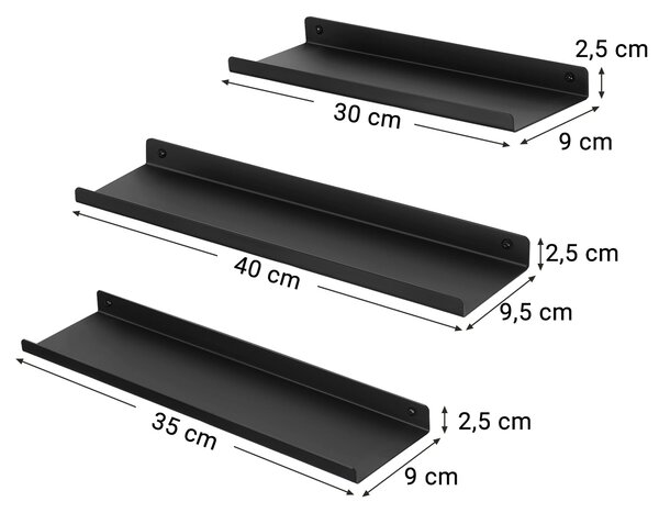 Komplet 3 črnih stenskih polic EBONY