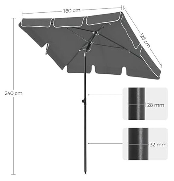 Vrtni komplet nagibnega senčnika CUADRO 180x125 cm, siv + stojala ZEPHY