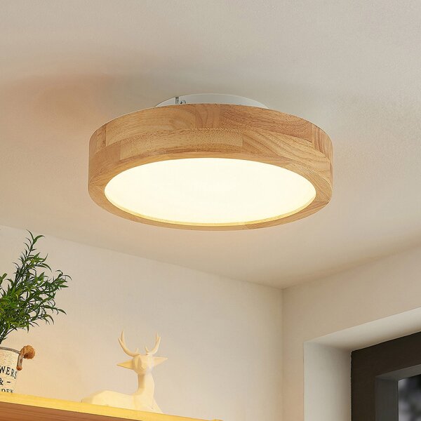 Lindby LED stropna svetilka Lanira, Ø 30 cm, les, daljinski upravljalnik, CCT, zatemnjen, Les, Dnevna soba / jedilnica, Les, Sodobni