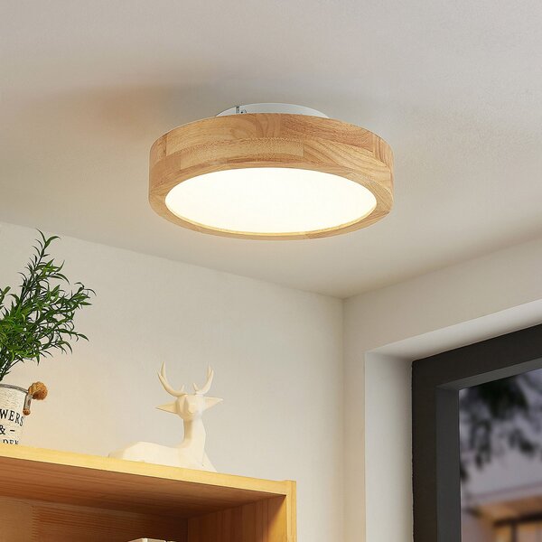 Lindby LED stropna svetilka Lanira, Ø 30 cm, les, daljinski upravljalnik, CCT, zatemnjen, Les, Dnevna soba / jedilnica, Les, Sodobni