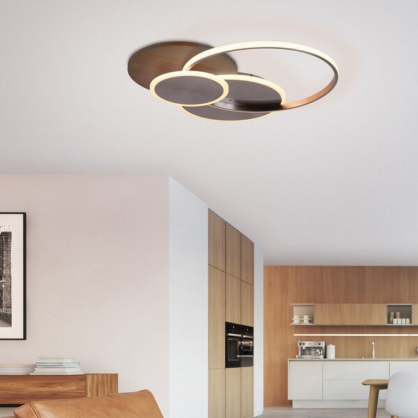 Paul Neuhaus LED stropna svetilka Palma, les, CCT, 65 cm, zatemnljiva, zatemnjen, Les, Dnevna soba / jedilnica, Kovina