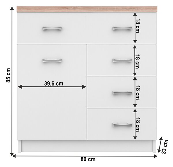 KONDELA Komoda/predalnik 1D4S, bela/hrast sonoma, TOPTY TIP 12