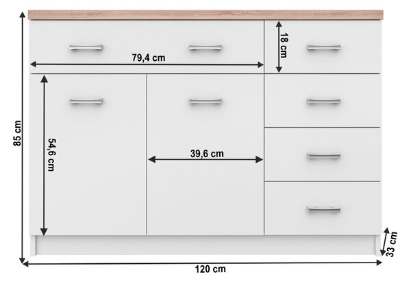 KONDELA Komoda 2d5s, bela/hrast sonoma, TOPTY TIP 08