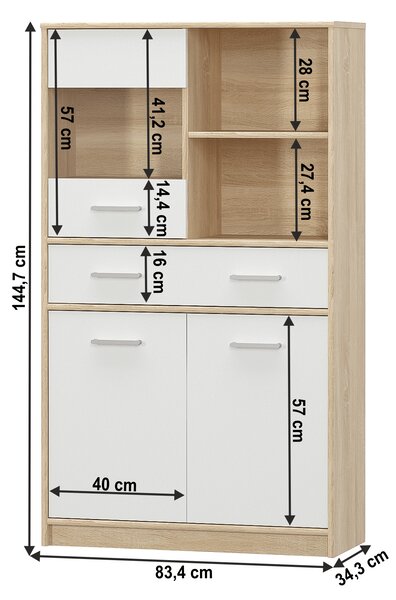 KONDELA Vitrina 2D1W1S/80, bela/hrast sonoma, TEYO