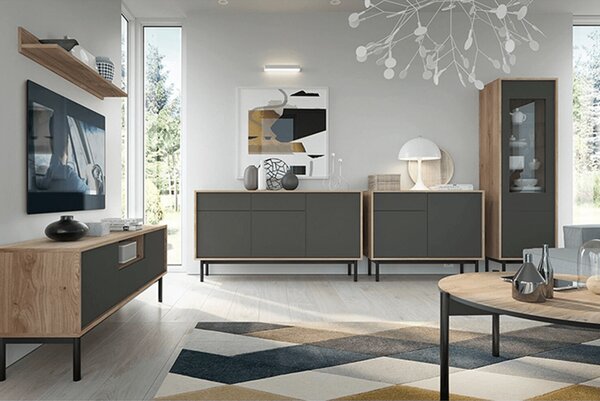KONDELA Vitrina, hrast jaskson hickory/grafit, BERGEN BWT54