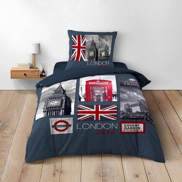 Temno modra enojna bombažna posteljnina 140x200 cm City London – douceur d'intérieur