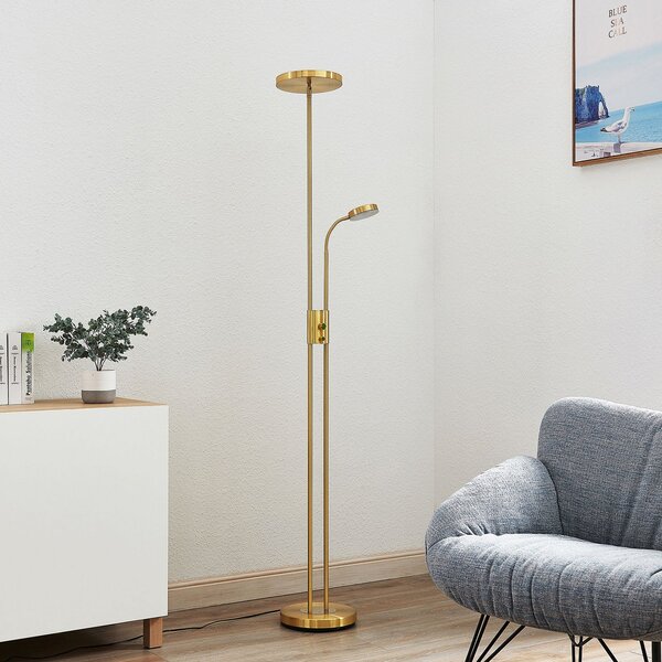 Lindby LED stoječa svetilka Seppa, okrogla, medenina, kovina, 180 cm, zatemnjen, Zlata / medeninasta, Dnevna soba / jedilnica, Kovina, Sodobni, Svetilka za branje