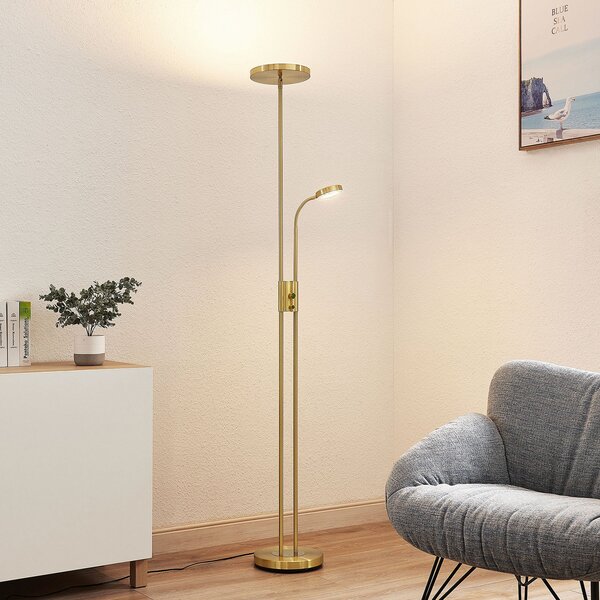 Lindby LED stoječa svetilka Seppa, okrogla, medenina, kovina, 180 cm, zatemnjen, Zlata / medeninasta, Dnevna soba / jedilnica, Kovina, Sodobni, Svetilka za branje