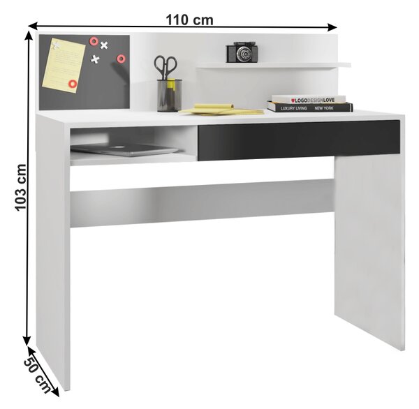 KONDELA Pisalna miza z magnetno ploščo, bela/črna, IMAN