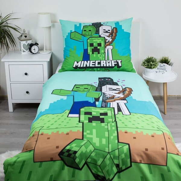 Zeleno-modra enojna bombažna otroška posteljnina 140x200 cm Minecraft "Mobs Here" – Jerry Fabrics