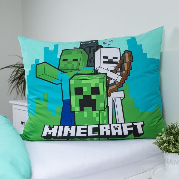 Zeleno-modra enojna bombažna otroška posteljnina 140x200 cm Minecraft "Mobs Here" – Jerry Fabrics
