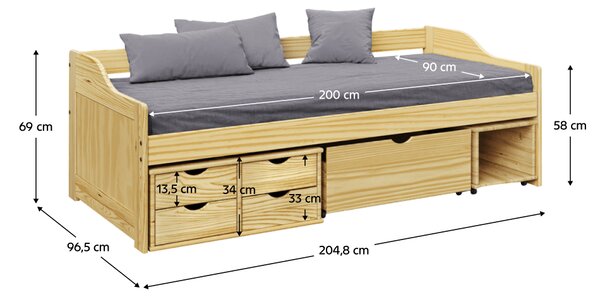 KONDELA Postelja s prostorom za shranjevanje, naravna, iz masivnega lesa, 90x200, MAXI NEW