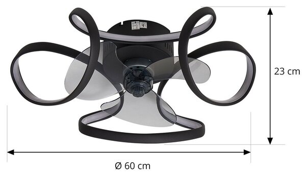Lindby Stropni ventilator LED Lomata, črn, tih, Ø 23 cm, zatemnjen, Črna, Dnevna soba / jedilnica, Aluminij, Sodobni